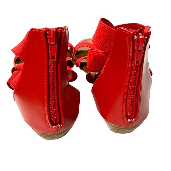 Red Sandals Elastic Strap Open Toe Low Wedge Sandals Back Zipper Shoes Size 7.5 - Picture 4 of 7